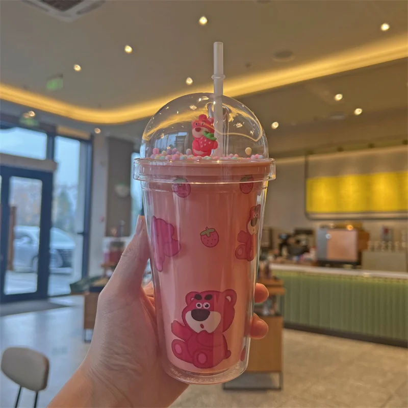 450Ml Kawaii Disney Lotso Waterbeker Grote Capaciteit Dubbellaags Plastic Bekerstijl Draagbare Rieten Beker Verjaardagscadeau Voor Kinderen