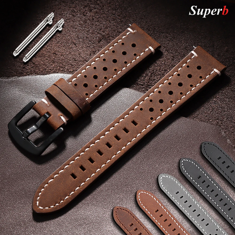 Vintage Handmade Watch Strap 24mm 22mm 21mm 20mm 19mm 18mm Racing Leather Strap Gray Black Brown Breathable Porous Watchbands