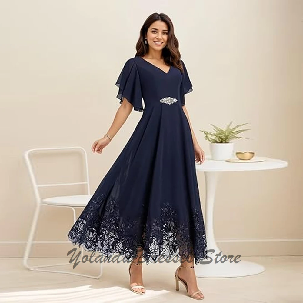 

Customized V Neck Mother of The Bride Dresses Applique Lace Formal Evening Gown Ankle Length Wedding Guest Dress Lace Up Back