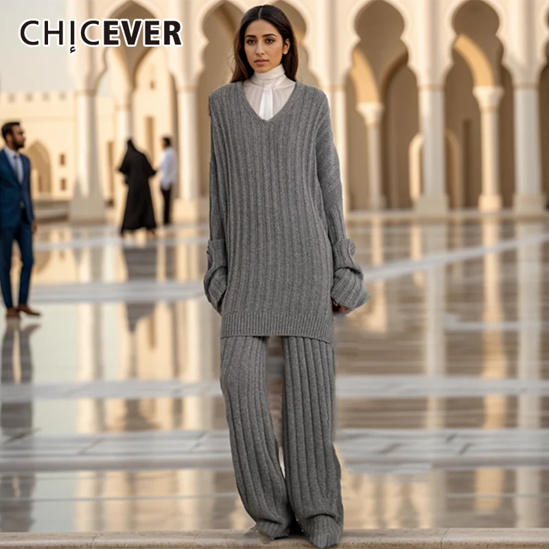 

CHICEVER Fashion Kintted Set For Women V Neck Pullover Long Sleeve Sweater High Waist Spliced Elastic Loose Pant Sets Female New