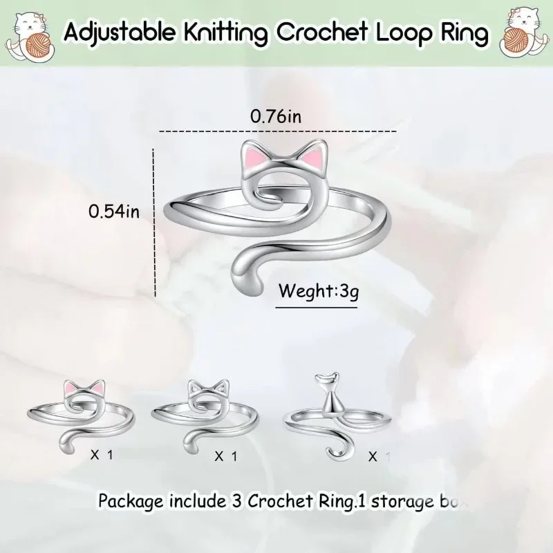 Adjustable Crochet Tension Cute Cat Ring, Beginner Knitting Crochet Hook Ring, Yarn Guide Finger Holders Thimbles Winder Tools