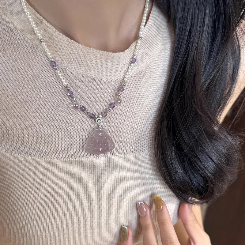 Purple Crystal Buddha Pendant Women's Chains Compassion Wisdom Meditation Jewelry Natural Chalcedony Necklaces Peace Amulet