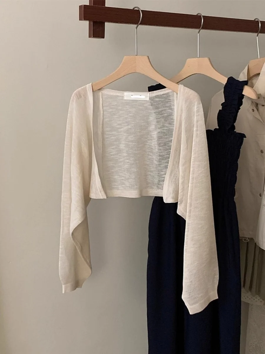 

Короткий вязаный кардиган из ледяного шелка для защиты от солнца, женская тонкая накидка на плечи, летняя накидка-шаль под платье, легкое пальто-накидка