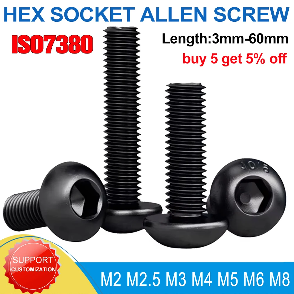 ISO7380 Hex Socket Allen Screw Grade 10.9 Black Carbon Steel M2M2.5M3M4M5M6M8 DIY Motorcycle Fairing Bolts Round Head Screws