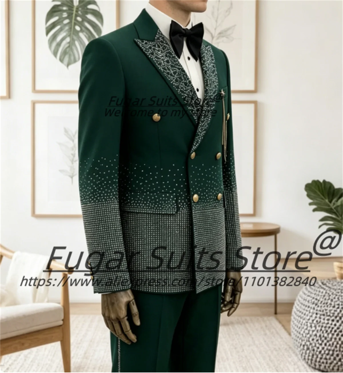 

Luxurious Green Groom Wedding Tuxedos Customized Slim Fit Double Breasted Men Suits Shiny Diamond Crystal Men Suits2 Pieces Sets
