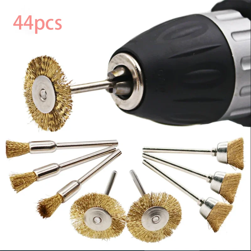 44Pcs Wire Wheel Brush Brass Steel Wire Polishing Brushes Set (3mm) Shank For Power Dremel Rotary Tools Electric Drill Polishing