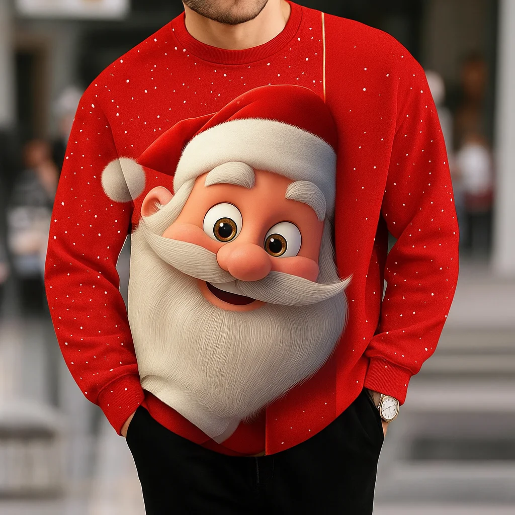 

Merry Christmas Round Neck Sweatshirt For Men 3D Printed Santa Clause Graphic Long Sleeve Pullover Fashion Autumn Winter Clothes