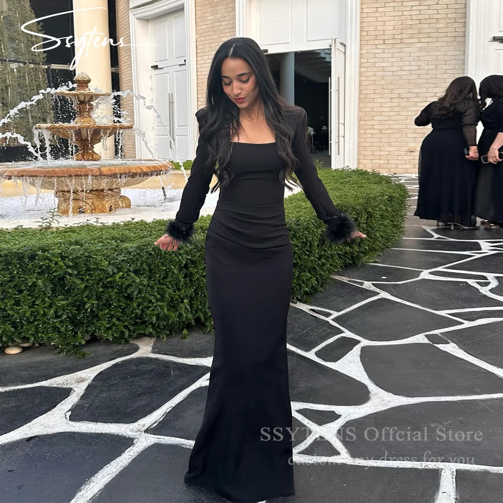 

SSYTENS Black Mermaid Prom Dresses For Women Feathers Long Sleeves Elegant ​Party Dress Formal Gown Floor Evening Dress Customi
