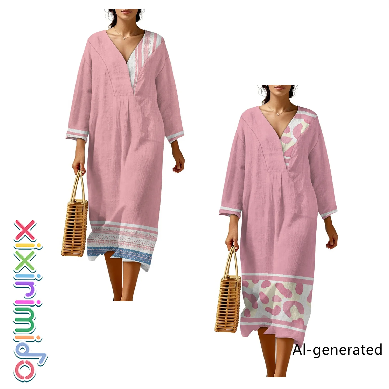 

XIXIRIMIDO Women's Linen Dresses V Neck Three Quater Sleeve Oversized Sundresses Ladies Cute Striped Print Casual Homewear