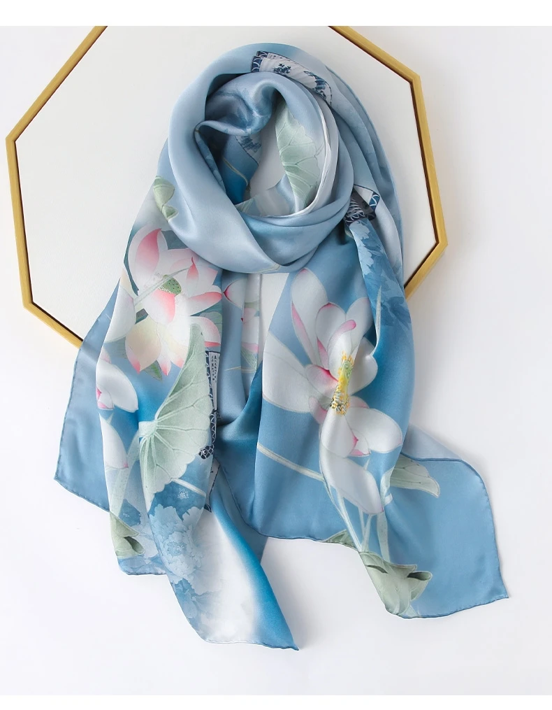 [BYSIFA] New Blue Lotus Pure Silk Scarf Shawl Women Spring Fall Long Scarves Ladies Brand Luxury 100% Silk Neck Scarf Foulard