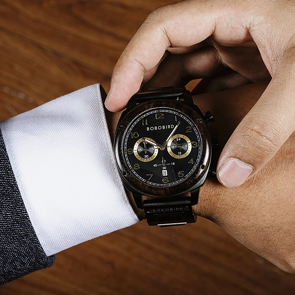 تخصيص شعار العلامة التجارية الرجال الساعات بوبو بيرد الفاخرة كرونوغراف ساعة اليد مضيئة رجل ساعة خشبية دعم دروبشيبينغ هدية