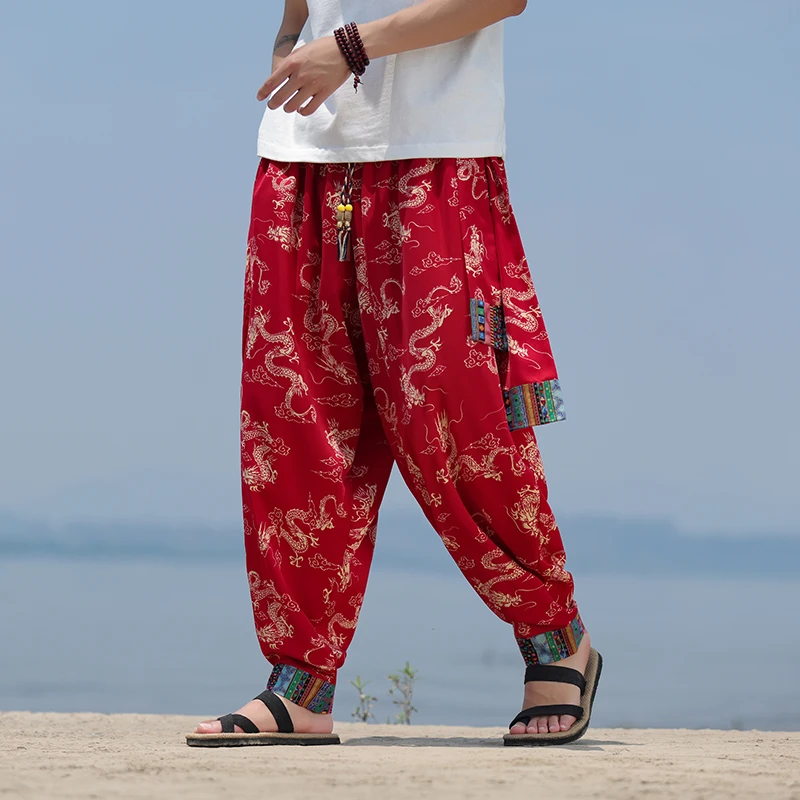 M-5XL Plus Size Men's Chinese Traditional Dragon Pattern Baggy Harem Pants Elastic Waist Loose Fit Trousers Summer Streetwear