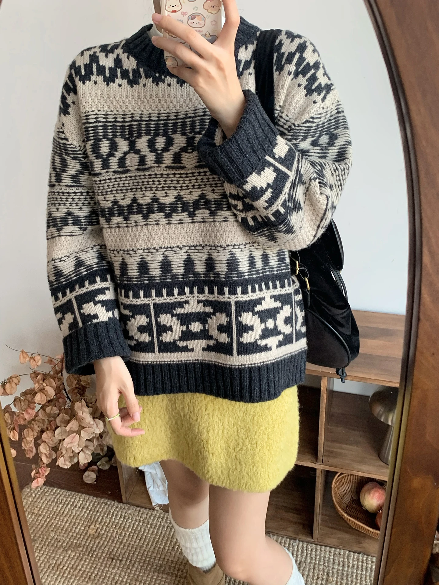 

Женский свитер-пуловер в стиле ретро с узором Fair Isle, свободного кроя, осенне-зимний, теплый, шерстяной, с длинными рукавами, с высоким воротником