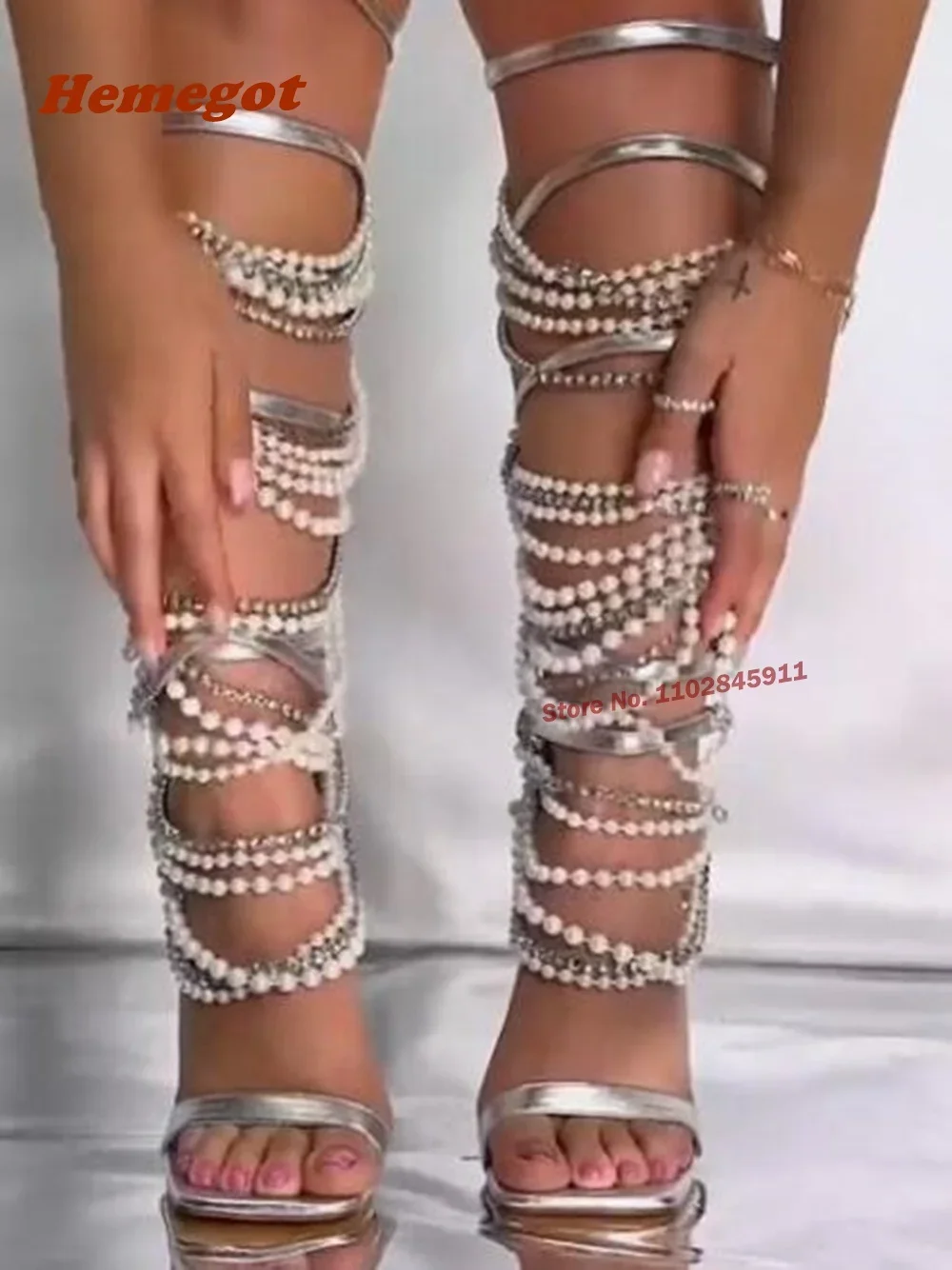 Pearl Metal Chain Sandals Tassel Crystals Square Toe Stiletto Heels Women's Sandals Buckle Strap Cut Out Back Zipper Summer Shoe view 3