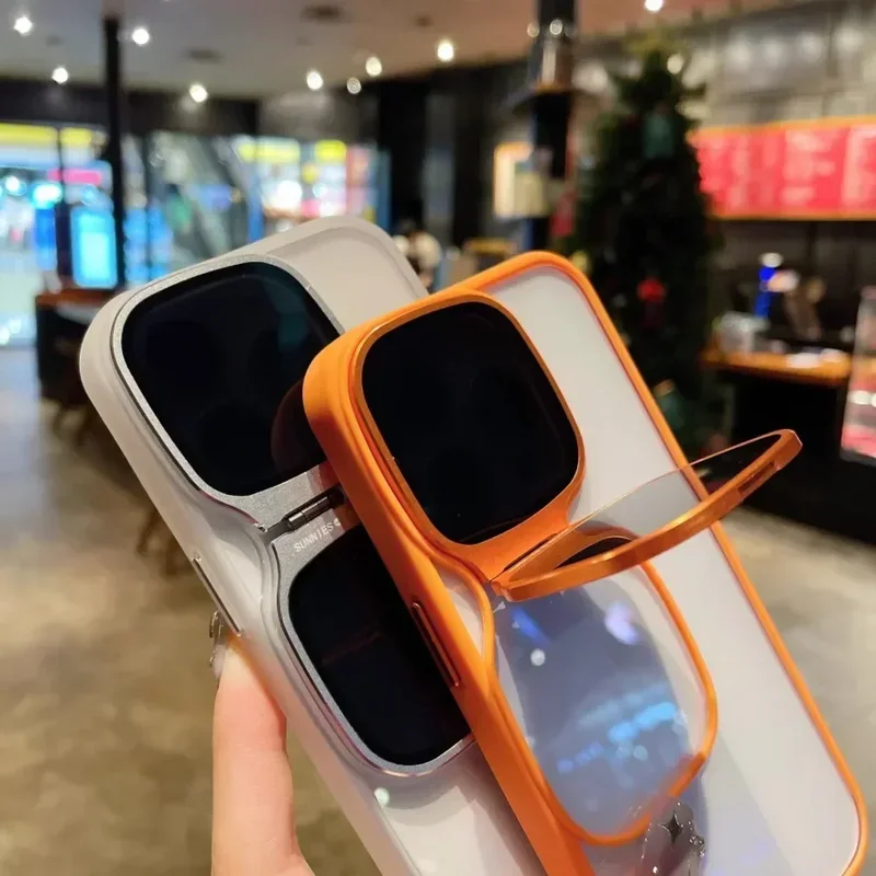 

Folding sunglass shape Holder phone case for iPhone 12 13 14 15 Pro Max lens camera protection shockproof acrylic stand cover