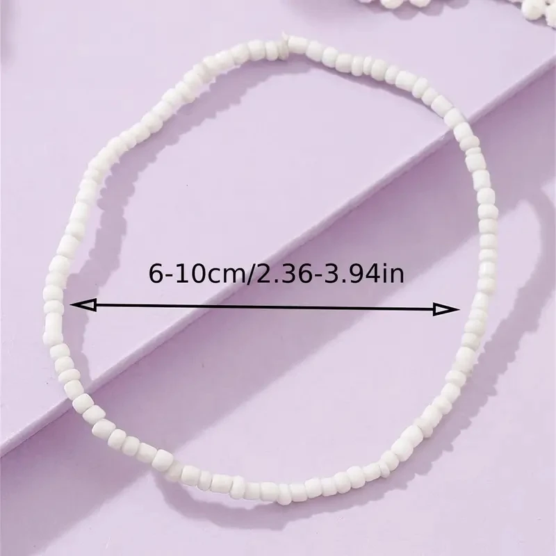 3Pcs/Set White Mini Rice Beads Beaded Anklet Set Stackable Boho Style Summer Beach Ankle Bracelet Set Elastic Foot Jewelry Set