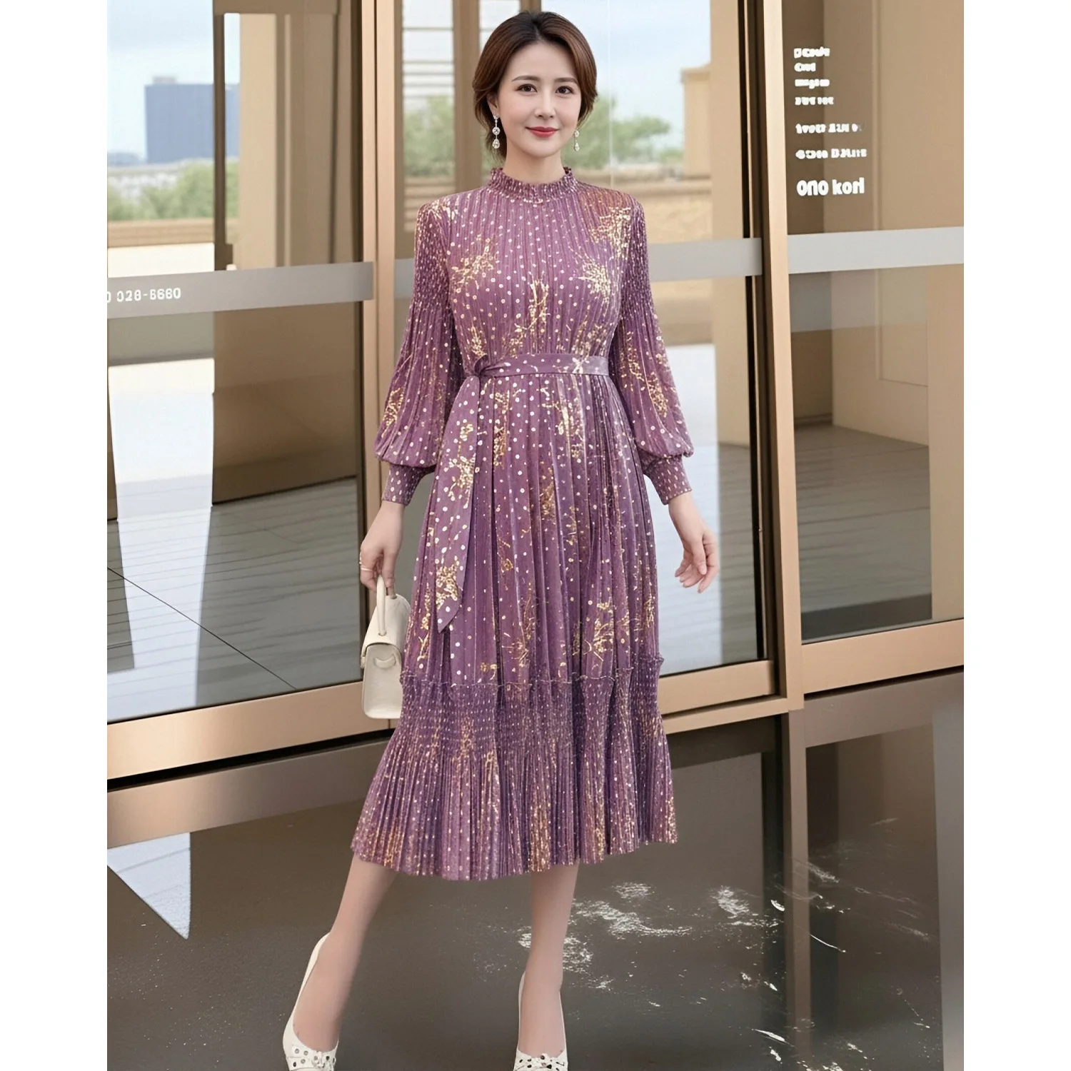 

Miyake Pleated Dress Women's 2026 New Fashionable Bronzing Round Neck Lantern Sleeve Waist Elegant Mid-length Skirt