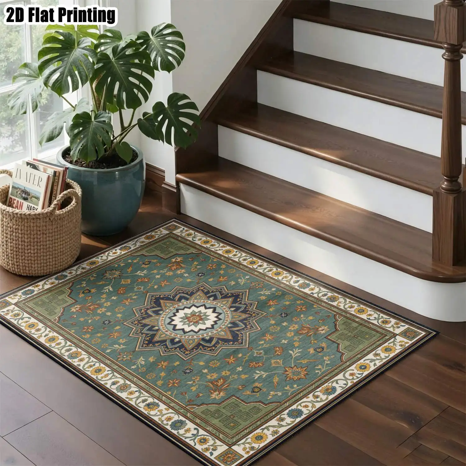 1Pc 2D Printed Dark Green Retro Ethnic Patterned European Carpet, Machine Washable, Multi-Size, Ideal for Home Decor & Various Scenes
