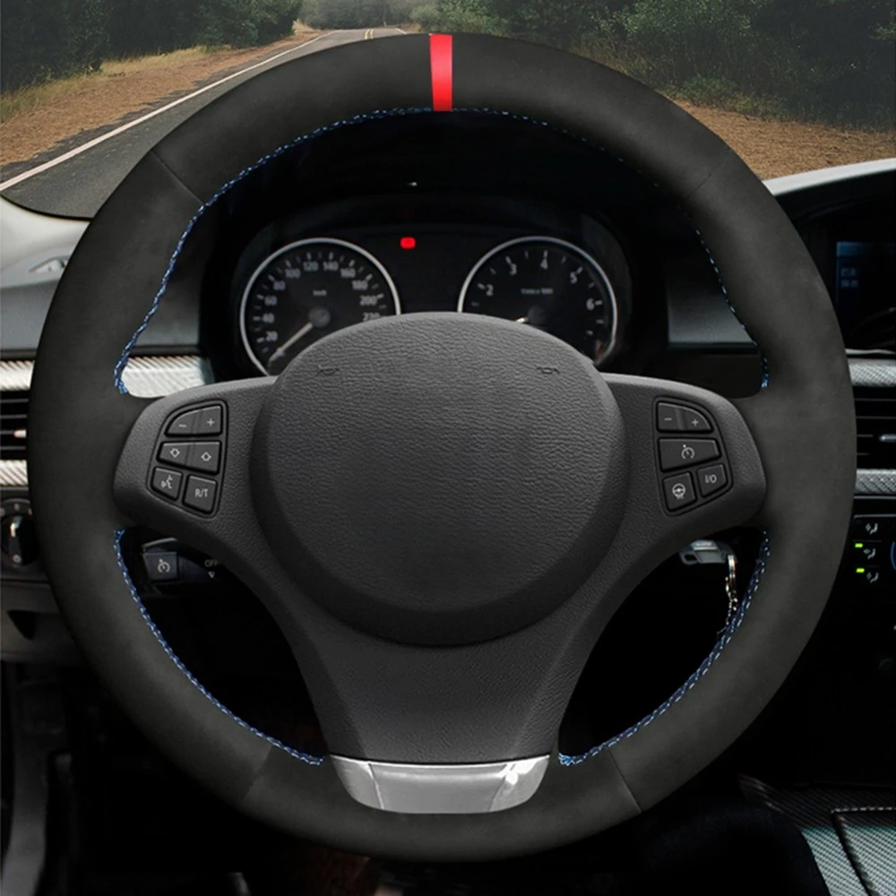 Black Black Suede Red Marker Car Steering Wheel Cover For BMW E83 X3 2003 2004 2005 2006 2007 2008 2009 2010 E53 X5 2004-2006