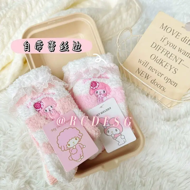 Cute Cartoon My Melody Socks Sanrio Winter Colorful Kawaii Socks Women's Plush Thickened Warm Medium Tube Socks Plush Gift