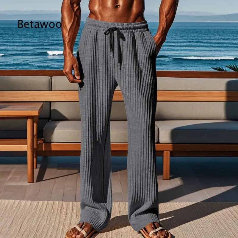 Men Vertical Striped Wide Leg Pants Drawstring Elastic Waist Side Pockets Loose Casual Sports Daily Wear Bottoms
