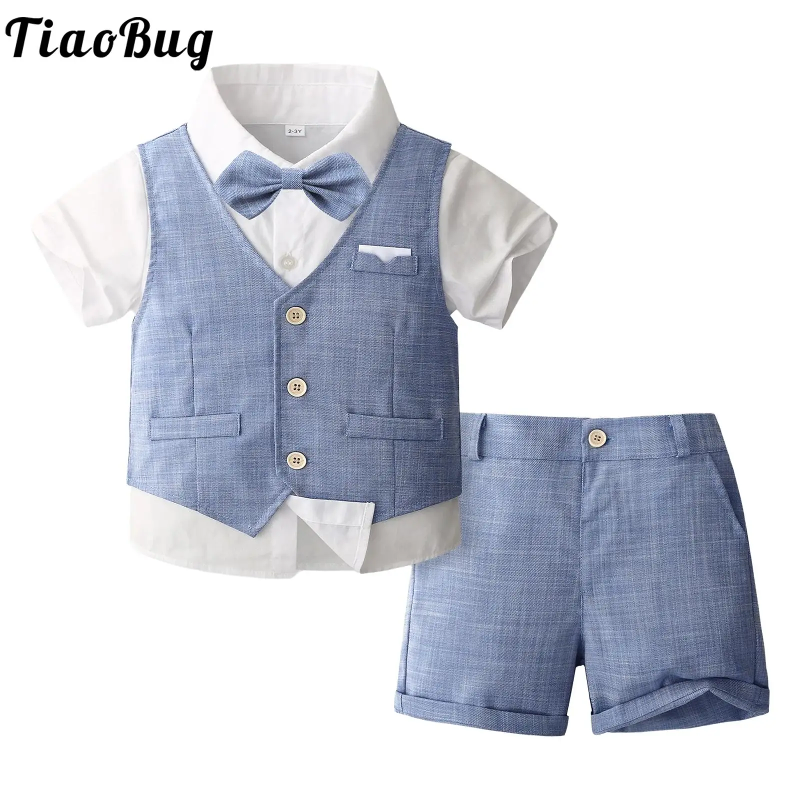 

Toddler Baby Boys Gentleman Outfit Short Sleeve Bowtie Shirt with Waistcoat Shorts Set 3Pcs Wedding Birthday Party Formal Suit