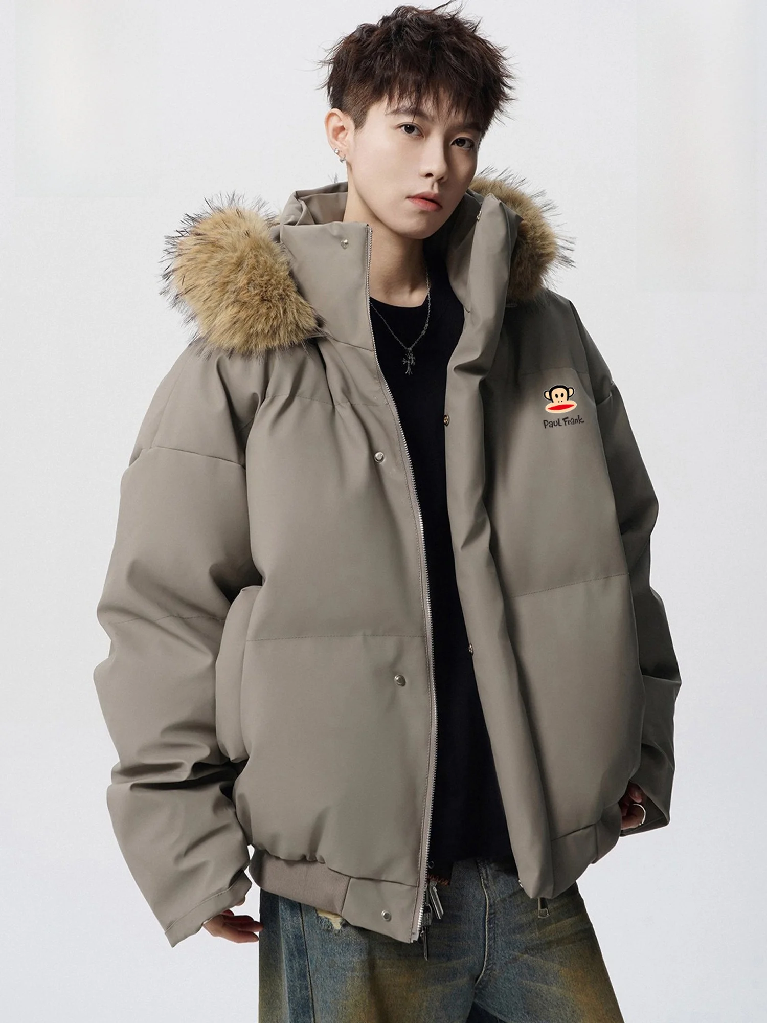 

PaulFrank Winter Thiened Cotton Jaet Men's Loose Fit Warm Coat with Fur Collar Big Mouth Monkey Youth Faion Polyester F...