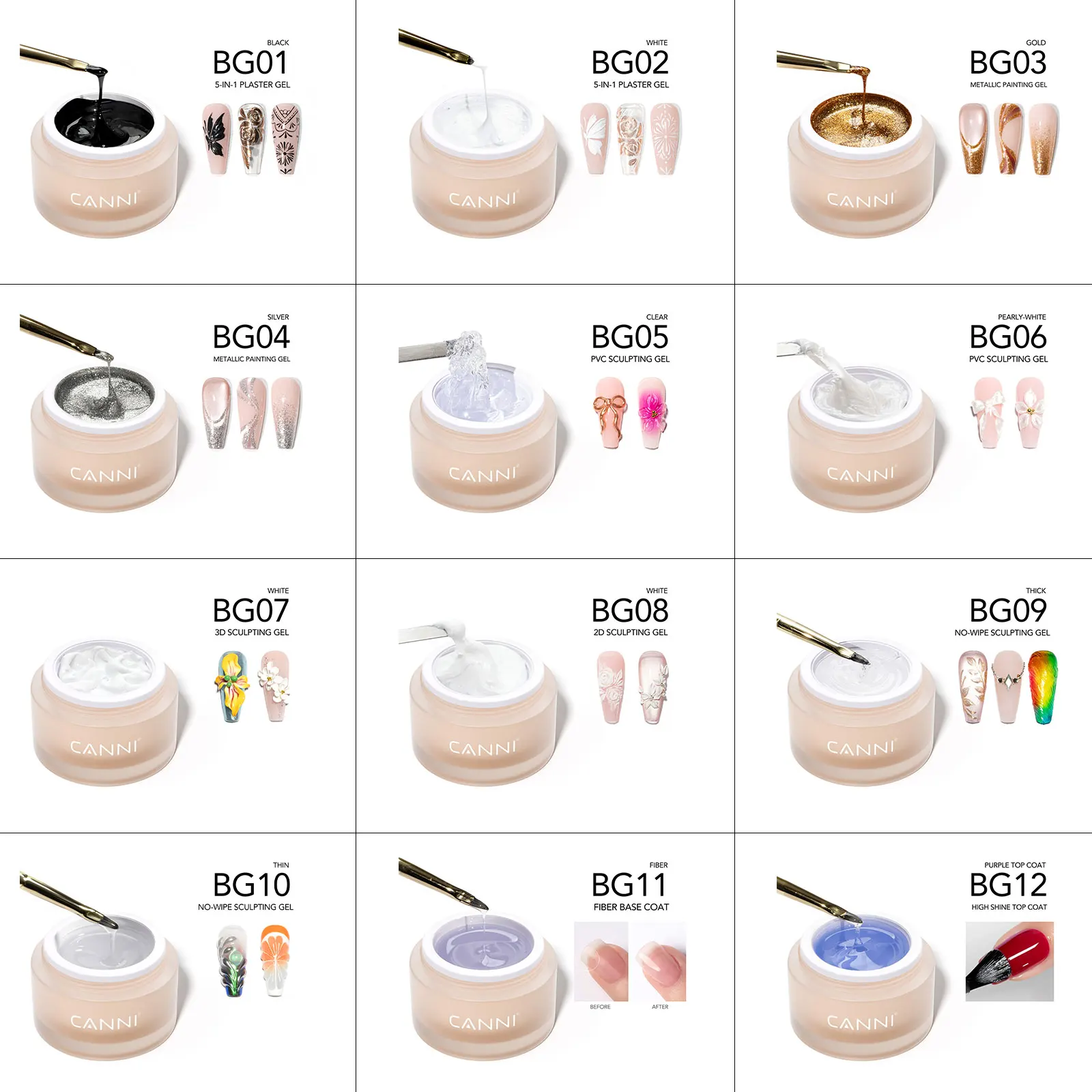 

10g CANNI Fiber Base Coat Glass Repair Gel High Shieing Long Wear Top Coat Semi Transparents Milky White PVC 3D Sculpting Gel