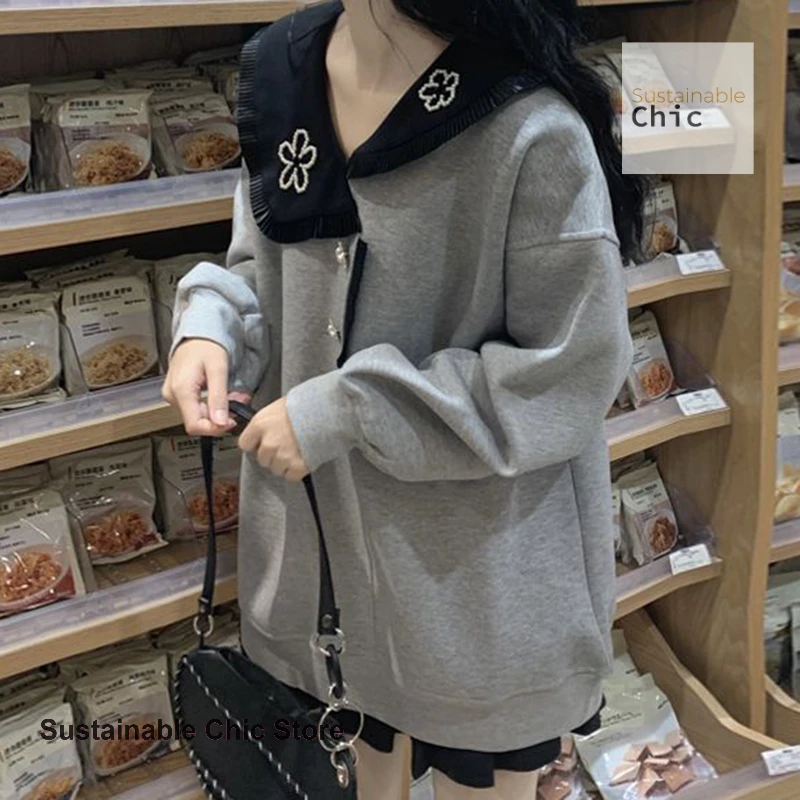 French style gray fashion plus size sweater women's spring and autumn new design sense niche chic doll collar casual Joker top