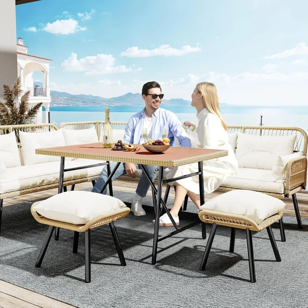 Patio Wicker L-Shaped Furniture Set for Backyard Deck with Soft Cushions,Ottomans and Plastic Wood Dining Table