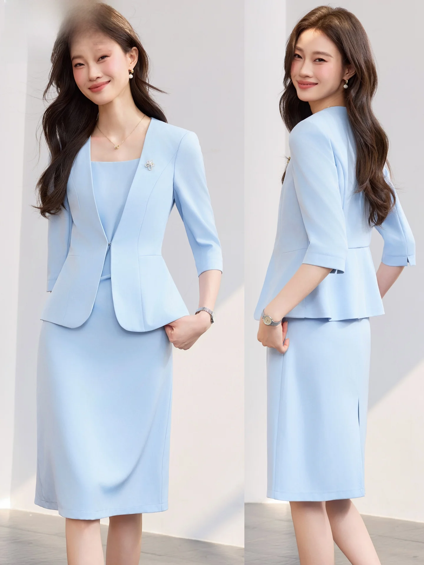 

Светло-голубой женский приталенный жакет на пуговицах из полиэстера, тонкий, профессиональный, с защитой от...