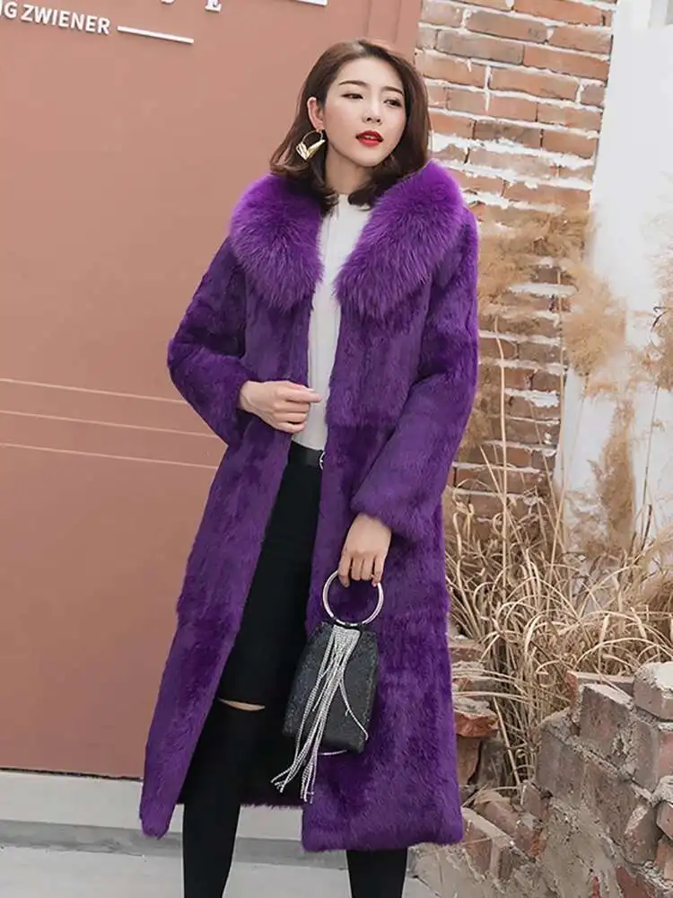 Winter Konijn Echte Bontjas Vrouwen Vossenbont Kraag Lange Jas Natuurlijke Harige Pluizige Pelt Plus Size Mode Luxe Vrouw Kleding