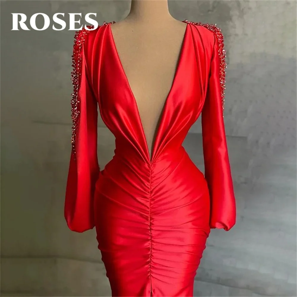 ROSES-vestido de noche rojo Simple, corsé con cuello en V, Trompeta con cuentas, mangas largas abullonadas, satén, largo hasta el suelo, para fiesta de graduación