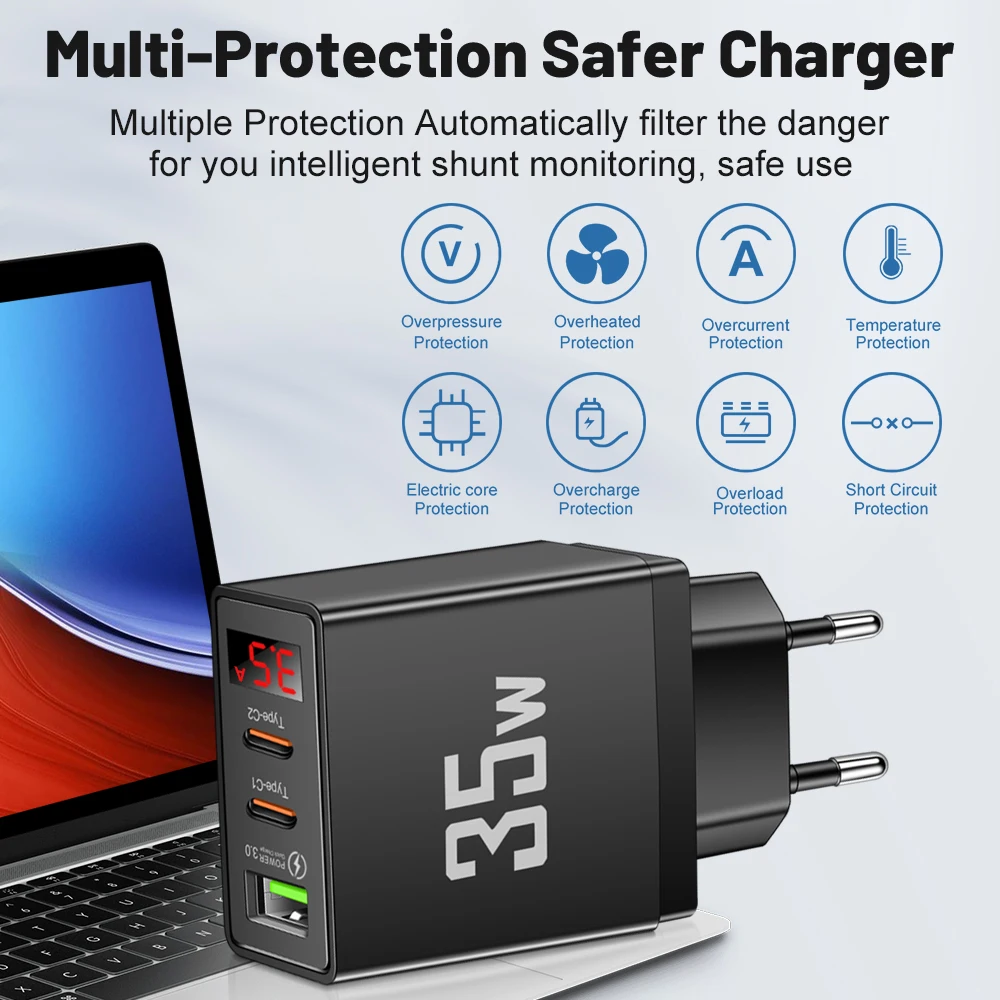 Ładowarka z wyświetlaczem cyfrowym 35W Adapter do szybkiego ładowania telefonu USB C do iPhone'a Samsung Xiaomi EU/US/UK szybkie ładowanie wtyczki typu C