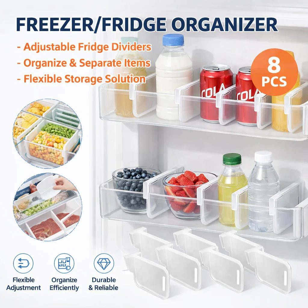 Placa divisora de armazenamento de geladeira – Organizador ajustável e antiderrapante que economiza espaço para garrafas, latas e prateleiras de cozinha