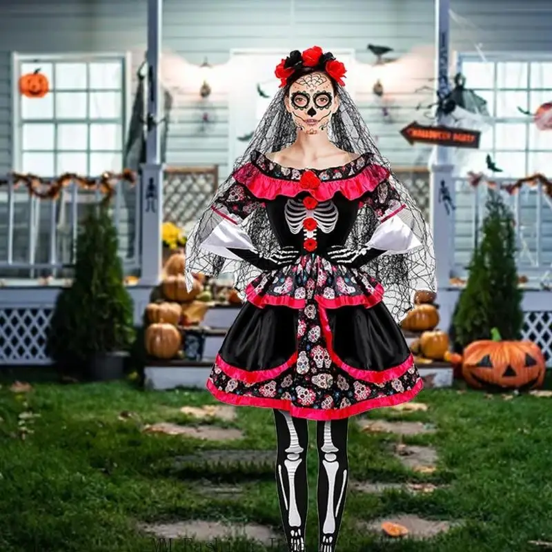Mexicans Day of The Deads Costume Halloween Sugar Skull Roses Temporary Tattooed Veil Headpiece Stockings Gloves
