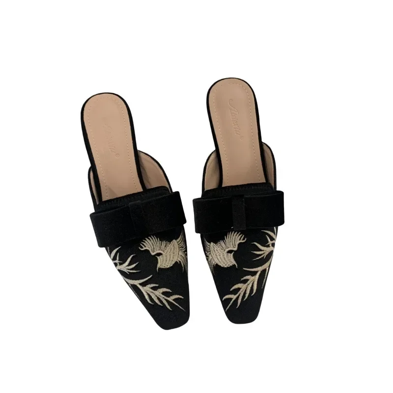 2024 New High Heel Slippers Women's Embroidered Retro Slim Heel Slippers Small Square Head Embroidered High Heel Women's Shoes