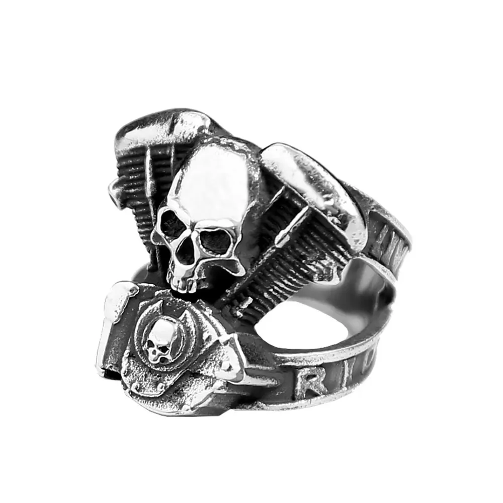 Vintage Gothic Motorcycle Engine Skull Rings for Men Boys Stainless Steel Punk Biker Ring Fashion Rider Jewelry Gift Wholesale