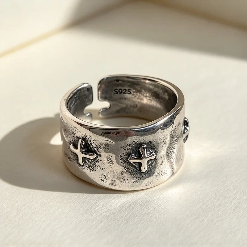 Retro Cross Punk 925 Sterling Silver Jewelry Personality Opening Rings  01569