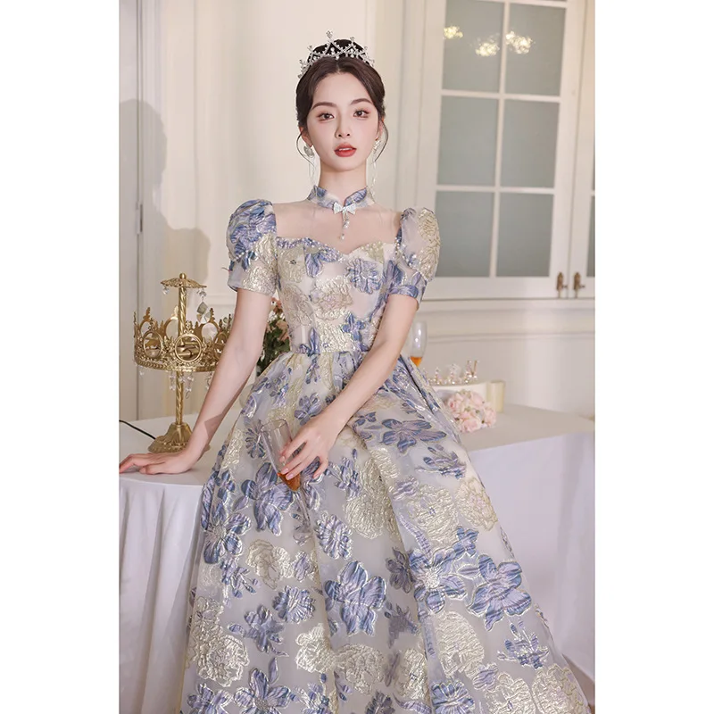 French Style Printed Evening Dress Princess Puff Sleeves High Neck Bow Birthday Party Gown Elegant Backless Lace Up Prom Vestido