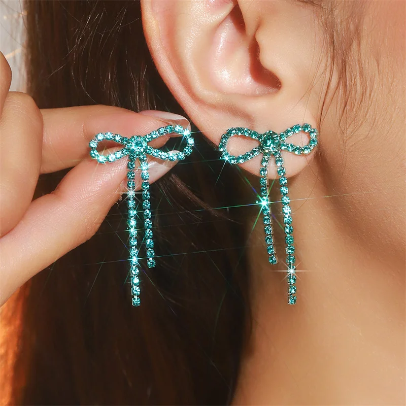 Elegante Strass-Schleifen-Quasten-Ohrringe für Frauen, lebendige, zarte, bunte Kristall-Quasten-Ohrringe, Party-Schmuckzubehör – Detail 5