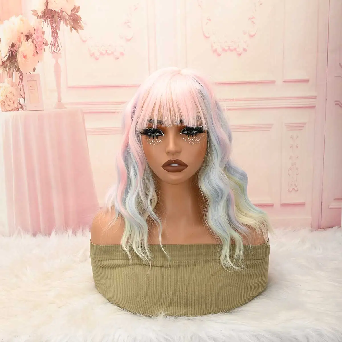 Pastel Multicolor Ombre Medium Wavy Wig, Synthetic Colorful Wig for African American Women Festival Street Style Daily Wear
