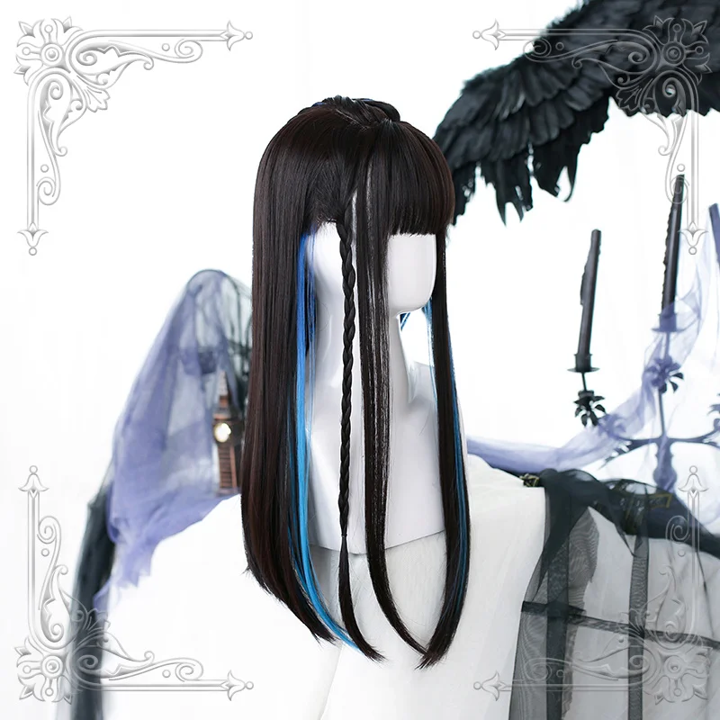 Female Long Straight Bangs Black Wig Part Gradual Change Dyed Blue Women Natural Synthetic Wigs Cosplay Party