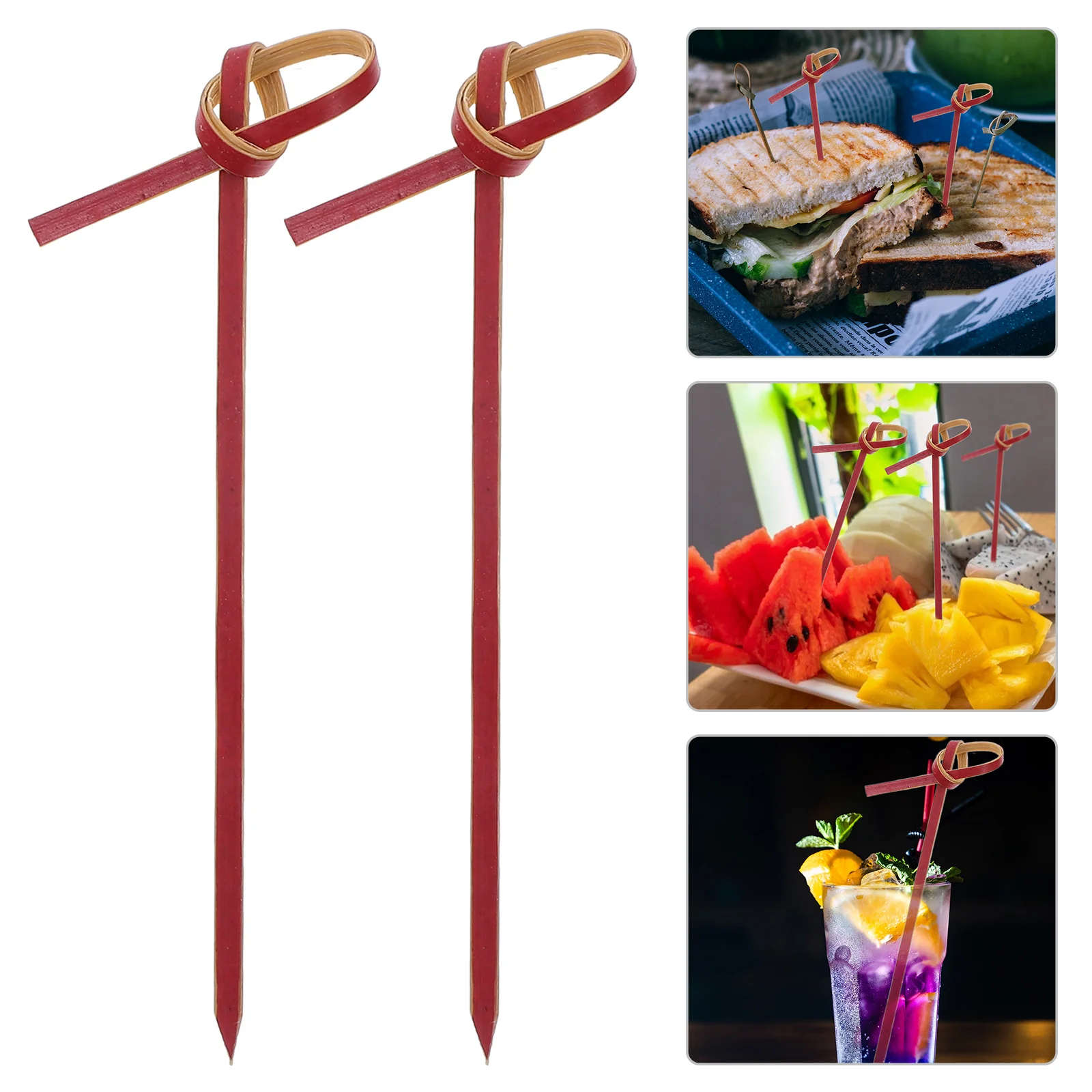 

100 Pcs Bamboo Fruit Picks Sandwiches Cupcake Decorations Decorative Cocktail Stick Red With Knot