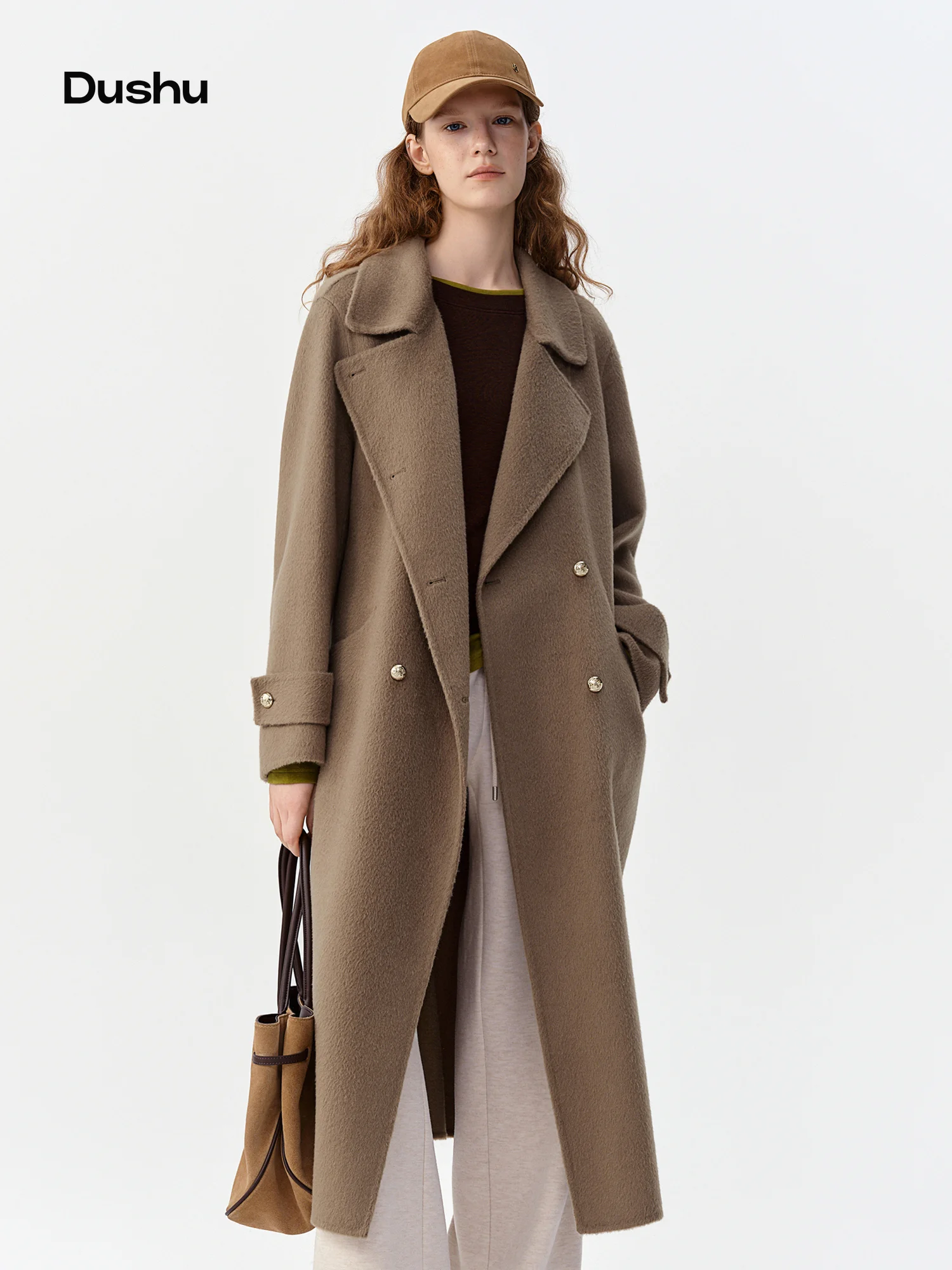 DUSHU 2026 Autumn Winter New Women's Vintage Double Breasted Notched Lapel Wool Blend Long Coat Elegant Warm Overcoat Hot Sale