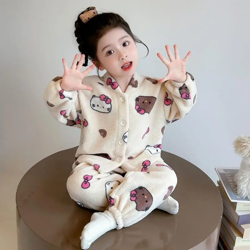 

Детская пижама Sanrio Hello Kitty для девочек, весна-зима, из воздухопроницаемого хлопка, комплект из двух предметов, теплая домашняя одежда, ночная рубашка, милый дизайн, детская одежда