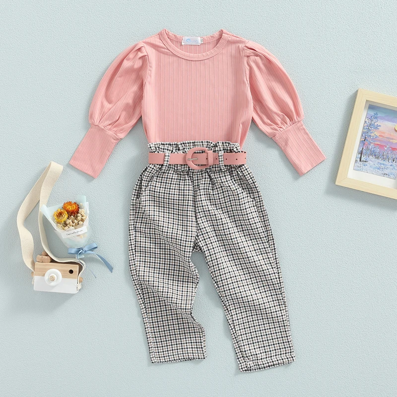 Toddler Kids Girls 3 Pieces Outfits Solid Color Ribbed Round Neck Long Sleeve Tops Plaid Long Pants Belt Set