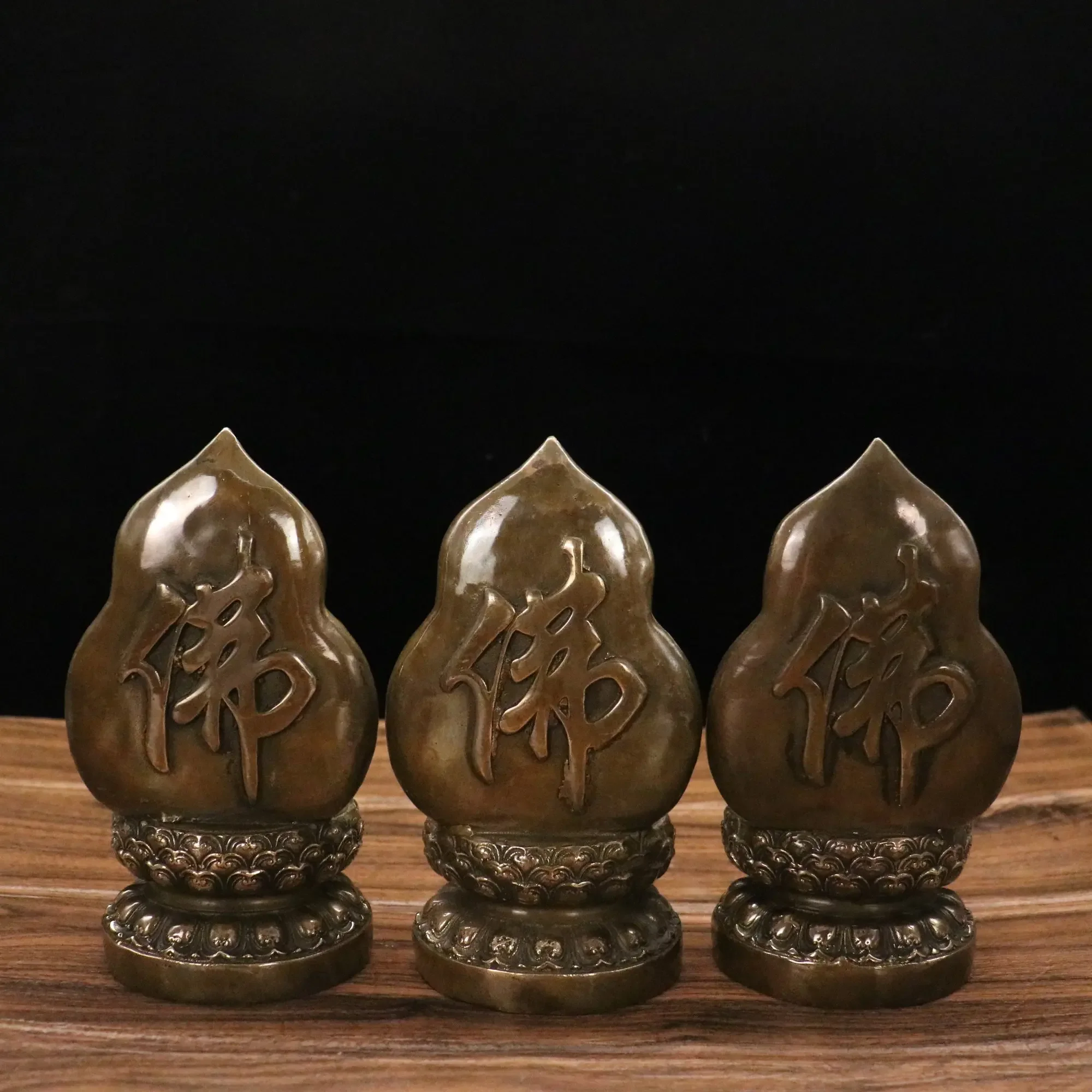 

8"Xizang Folk Collection Old Bronze Three Saints of the West Guanyin Maitreya Ksitigarbha Back light Sitting Buddha set