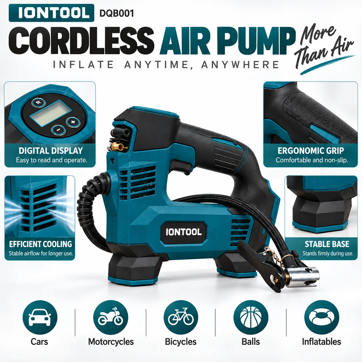 IONTOOL 140W Portable Cordless Air Pump for Car Motorcycle Bicycle and Ball Inflation Bare Tool Without Battery