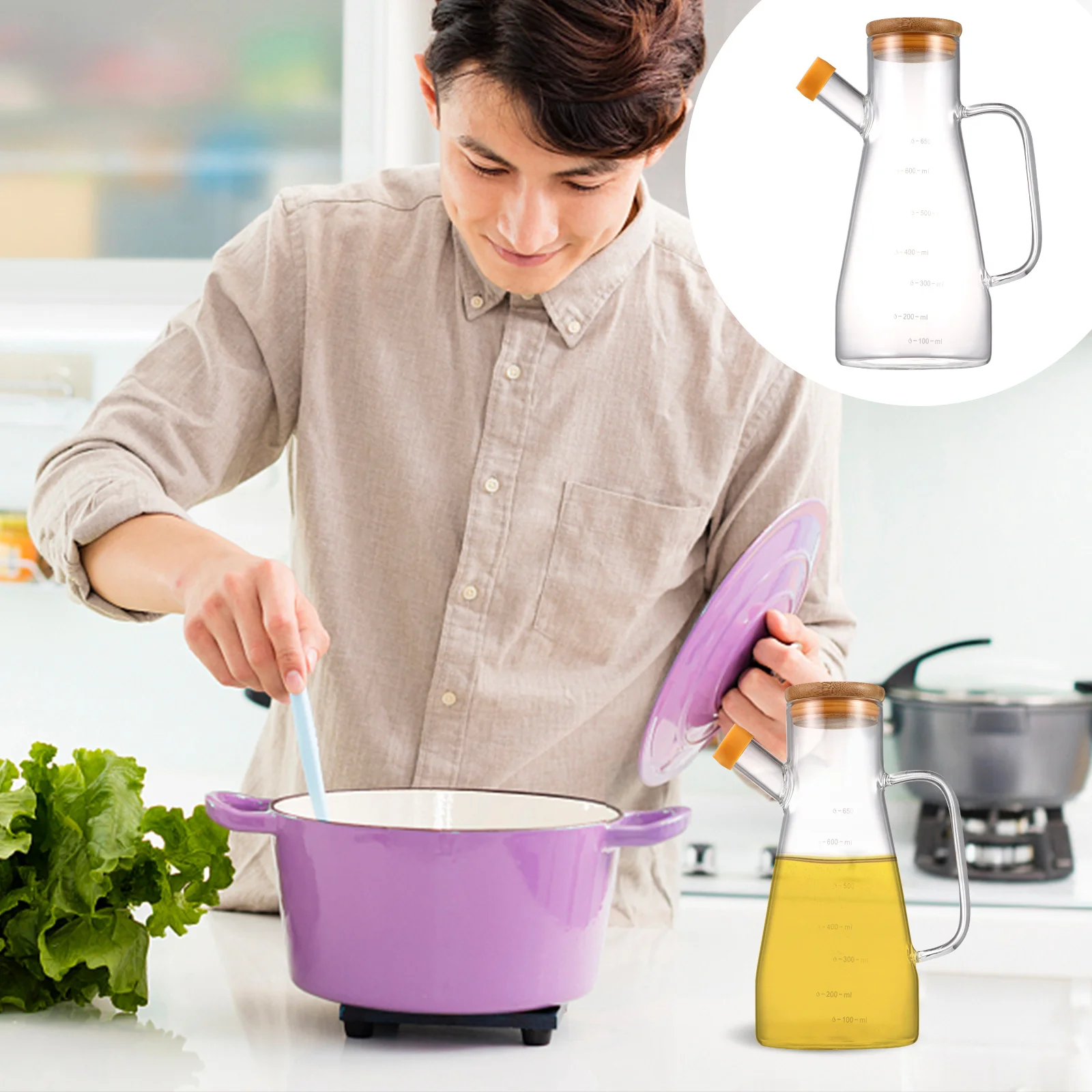 

1Pcs Glass Kitchen Oil Dispenser Leakproof Container Premium Heat Resistant Oil Storage Bottle with Wooden Lid for Vinegar